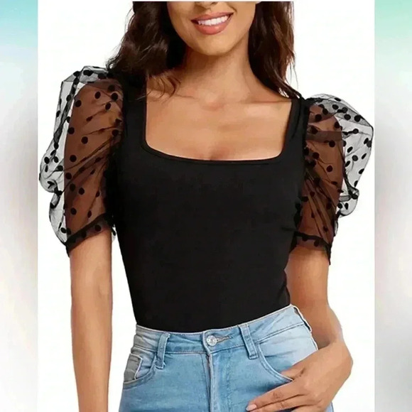 Tops - Verdusa Women's Sheer Dobby Mesh Puff Sleeve Square Neck Top